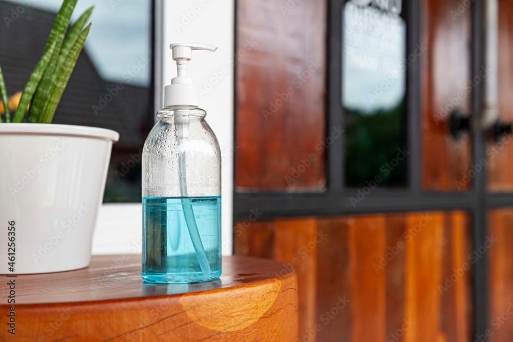 Alcohol bottles are prepared for customers at restaurant entrances during the COVID-19 pandemic Alcohol bottles are prepared for customers at restaurant entrances during the COVID-19 pandemic