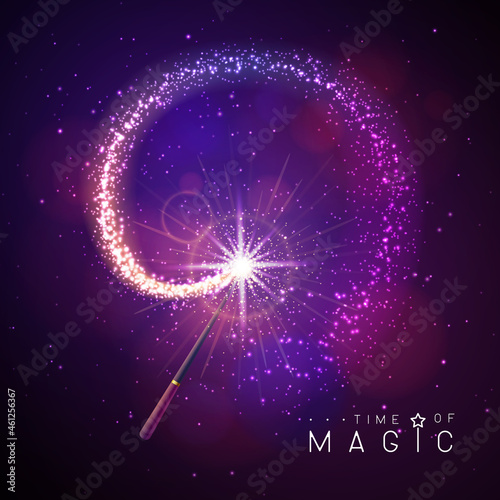 Magic wand with golden neon glowing shiny trail on abstract space background. Vector illustration