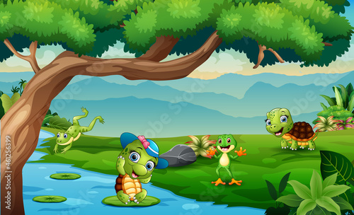 Fototapeta Naklejka Na Ścianę i Meble -  Happy turtles and frogs playing in the river illustration