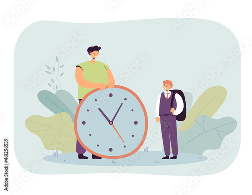 Father asking schoolboy coming home from school on time. Tiny man and boy standing near big clock flat vector illustration. Fatherhood, parenting concept for banner, website design or landing web page