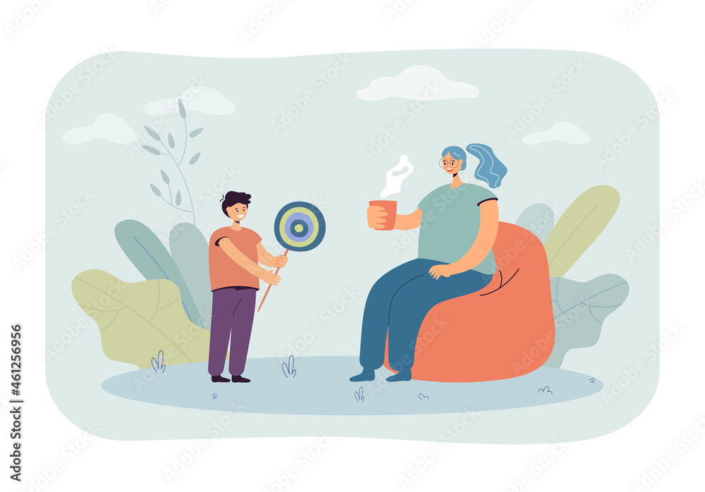 Son giving huge lollipop to mother drinking tea or coffee. Boy sharing sweets with woman flat vector illustration. Family, relationship, care concept for banner, website design or landing web page