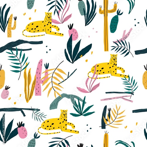 Vector seamless pattern with leopard, plants, jungle leaves, snags.Cute template for gift paper, cover print design