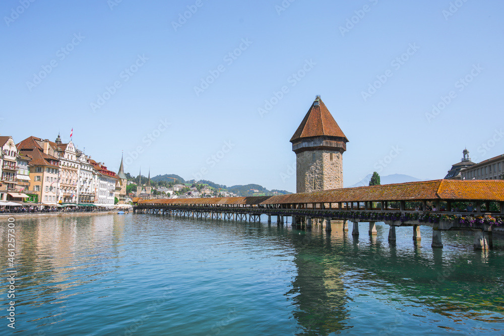 Panoramic view of the famous bridge of Lucerne and the lake in Switzerland