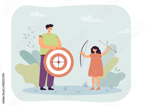 Archery teacher with target in hands teaching child. Kid holding bow and arrow flat vector illustration. Childrens sports club for archers concept for banner, website design or landing web page