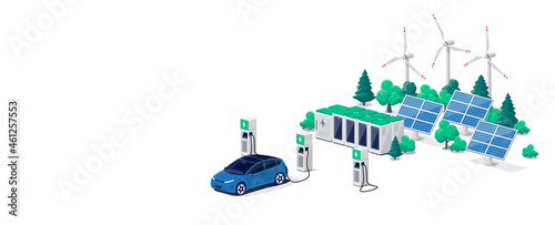 Electric car charging on parking lot with fast supercharger station and many charger stalls. Vehicle on renewable solar panel wind energy battery storage station in network grid. Vector illustration.
