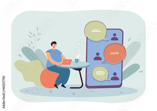 Online conversation of woman with friends. Tiny girl using chat app in laptop or smartphone flat vector illustration. Online communication concept for banner, website design or landing web page