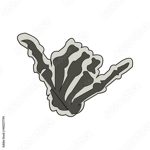 Skeleton hand making hang loose sign. Vintage illustration style