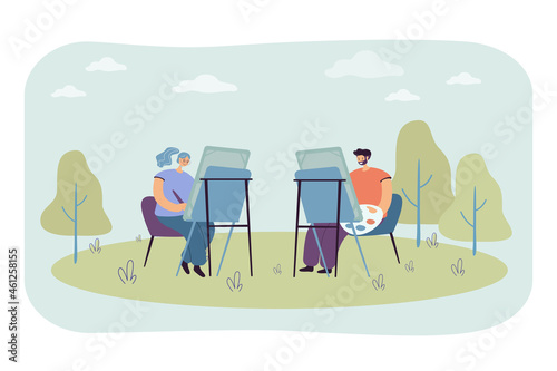 Art students painting on canvases outdoors. Cartoon artists or painters drawing landscape in nature flat vector illustration. Hobby, art concept for banner, website design or landing web page