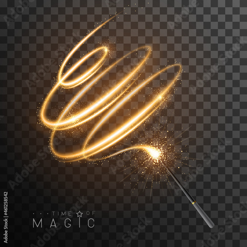 Magic wand with golden glowing shiny trail.  Isolated on black transparent background. Vector illustration