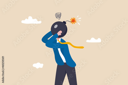 Anxiety, stressed or anger emotion, mental problem or depression, exhaustion or overworked concept, frustrated nervous businessman bomb head about to explode.