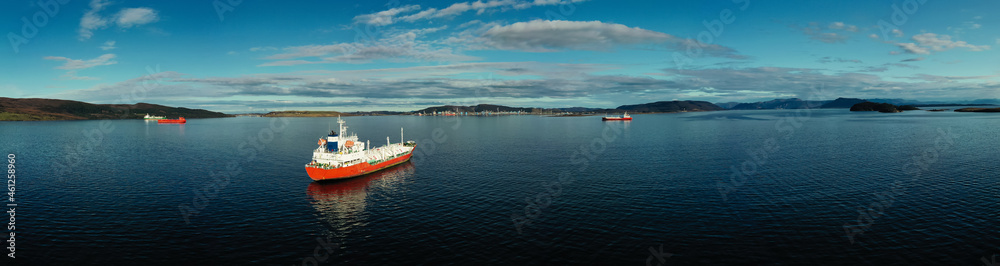 Air panorama the Norway coast near the Kaarsto LPG with gas carriers on anchorage.