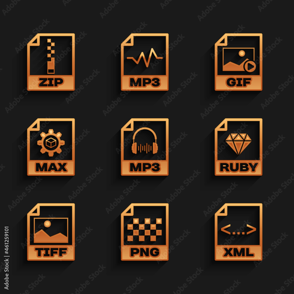 Set MP3 file document, PNG, XML, RUBY, TIFF and MAX icon. Vector Stock  Vector | Adobe Stock