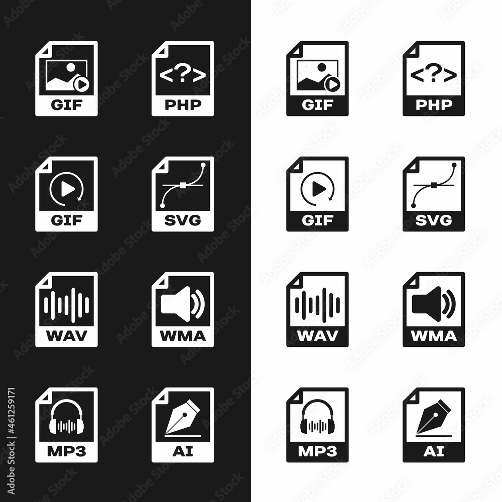 Set SVG file document, GIF, , PHP, WAV and WMA icon. Vector Set SVG file document, GIF, , PHP, WAV and WMA icon. Vector