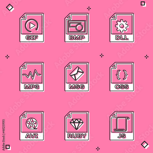 Set GIF file document, BMP, DLL, MP3, MSG and CSS icon. Vector