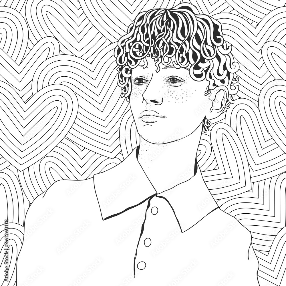Young man with curly hair. Boy teenager. Hearts background. Adult coloring  book page in zentangle style. Black and white. Doodle. Vector. line art.  Stock Vector | Adobe Stock