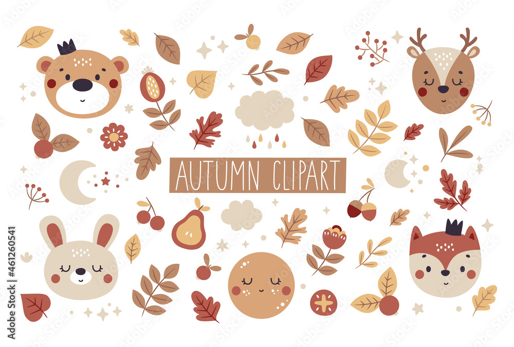 Cute vector boho autumn baby set with animals: bear, hare, deer, fox and leaves, berries, acorns, pear, cloud, moon, stars, bubbles Cute vector boho autumn baby set with animals: bear, hare, deer, fox and leaves, berries, acorns, pear, cloud, moon, stars, bubbles