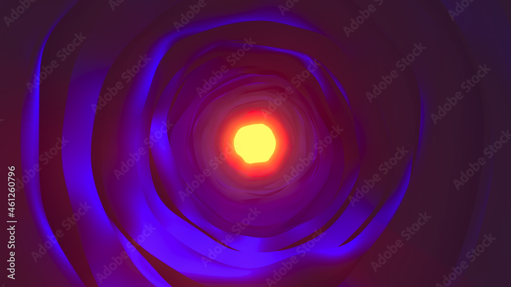 3D round purple-blue shining tunnel. An orange shining light in the end. 3D round purple-blue shining tunnel. An orange shining light in the end.