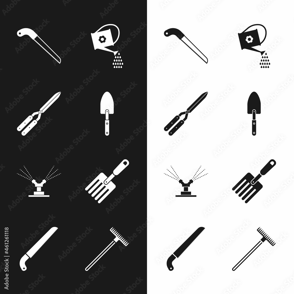 Set Garden trowel spade or shovel, Gardening handmade scissor, saw, Watering can, Automatic irrigation sprinklers, fork, rake and icon. Vector