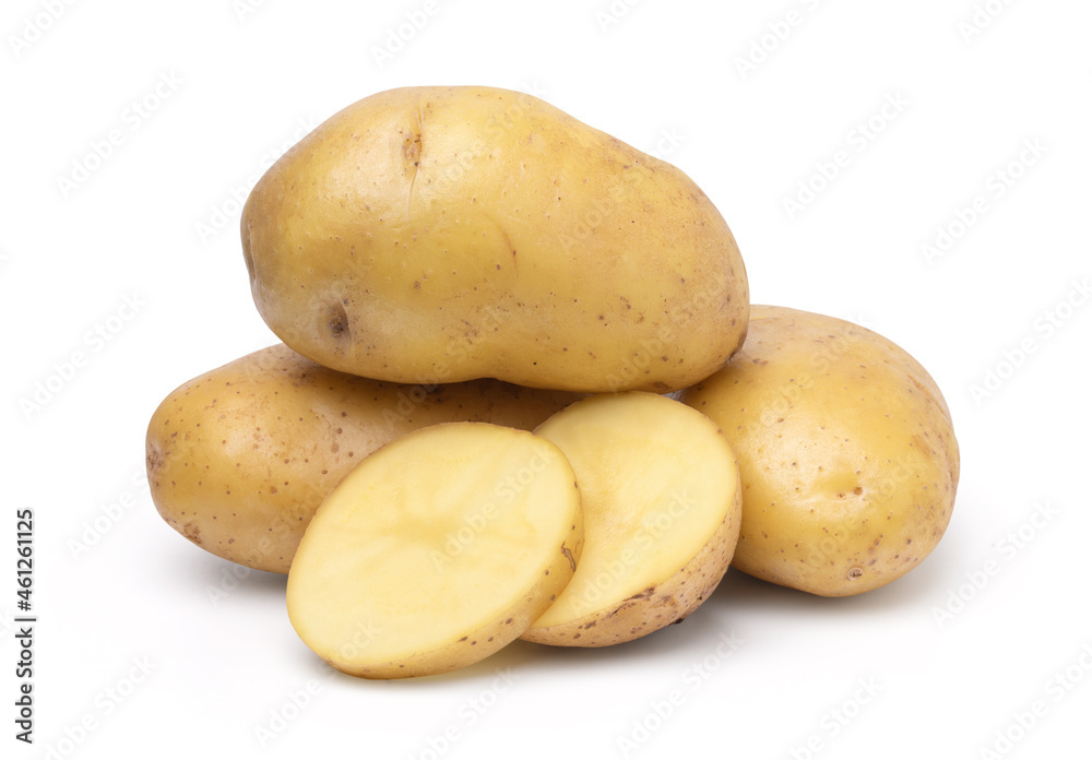 raw potatoes and slices isolated on white background, with clipping path. raw potatoes and slices isolated on white background, with clipping path.