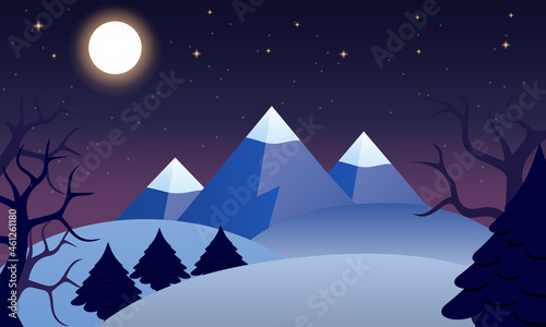 Winter night landscape with mountains  Christmas trees  stars  dry trees