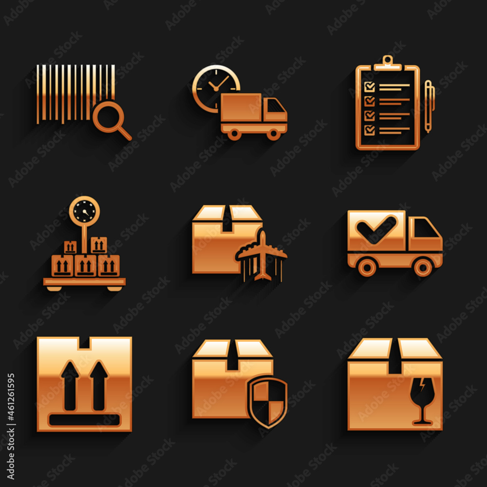 Set Plane and cardboard box, Delivery security shield, with fragile content, truck check mark, Cardboard traffic, Scale, Verification of delivery list and Search barcode icon. Vector Set Plane and cardboard box, Delivery security shield, with fragile content, truck check mark, Cardboard traffic, Scale, Verification of delivery list and Search barcode icon. Vector