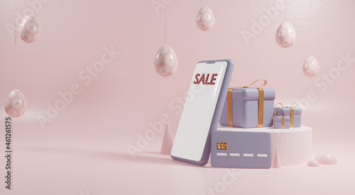 Easter sale concept banner. Buying presents online. 3d render