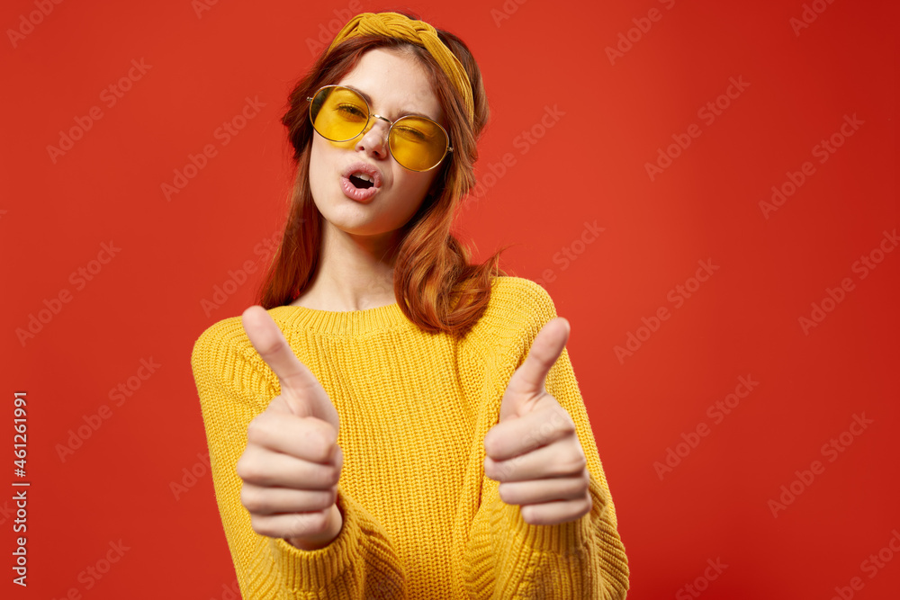 cheerful woman in yellow glasses sweater hipster fashion retro style cheerful woman in yellow glasses sweater hipster fashion retro style