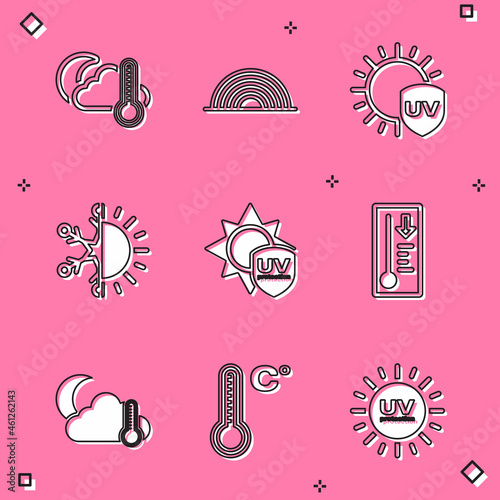 Set Thermometer and cloud, moon, Rainbow, UV protection, Sun snowflake, Meteorology thermometer, and icon. Vector