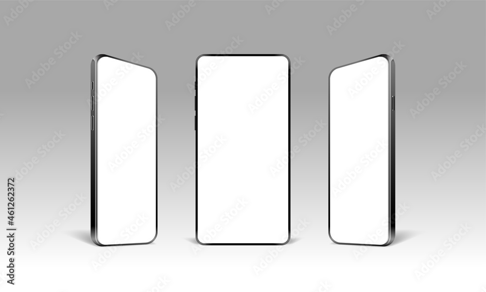 Set of mockups of black mobile phones, smartphones, isolated, front and side view. Vector illustration in realistic style Set of mockups of black mobile phones, smartphones, isolated, front and side view. Vector illustration in realistic style