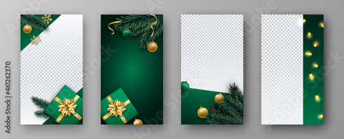 Christmas and New Year set stories vector template for social media. Realistic decorative elements - 3D christmas balls, garlands, branches, snowflakes and gifts.