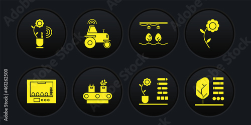 Set Incubator for eggs, Flower, Conveyor belt with box, status, Smart farm bulb and plant, Wireless tractor smart, Plant and farming technology icon. Vector