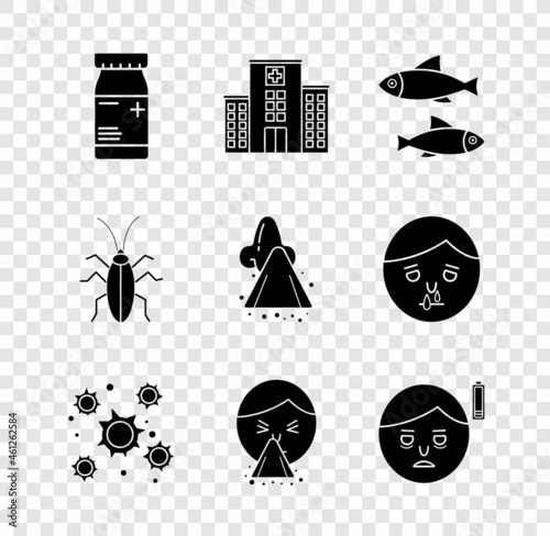 Set Medicine bottle and pills, Medical hospital building, Fish, Bacteria, Handkerchief to his runny nose, Fatigue, Cockroach and Runny icon. Vector