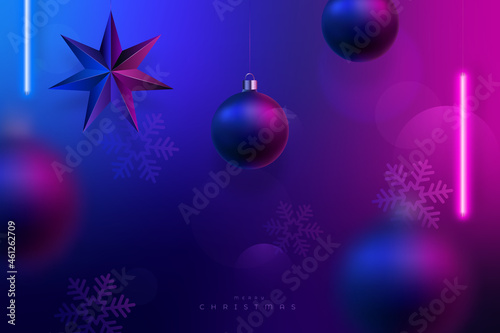 Christmas neon lighting background. Xmas decoration, violet and blue hanging  neon led lamps. Christmas balls with neon light reflection. Vector festive benner.