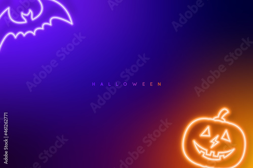 Halloween dark background. Evil bat and pumpkin in neon style. Night bright signboard. Stock vector illustration.