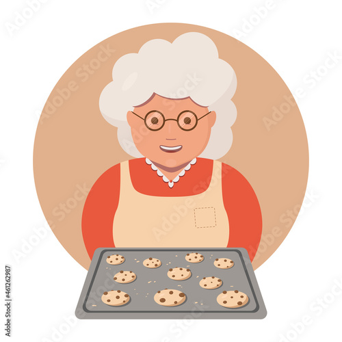 Grandmother cooking biscuits with chocolate. Old woman granny cooking cookies. Portrait of happy grandma in red dress and apron. Vector illustration