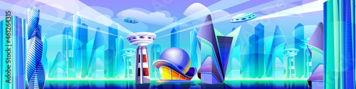 Future city with futuristic glass buildings of unusual shapes. Cartoon alien urban cityscape. Modern style architecture towers, skyscrapers. Metropolis landscape with flying town parts and spaceship.