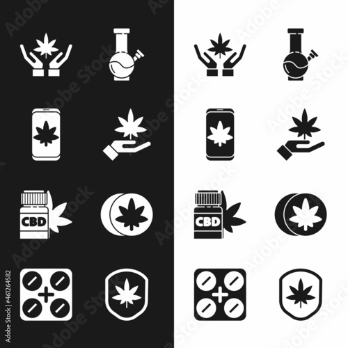Set Marijuana or cannabis leaf, Mobile and marijuana, Glass bong for smoking, Medical bottle with, Herbal ecstasy tablets, Shield and pills icon. Vector