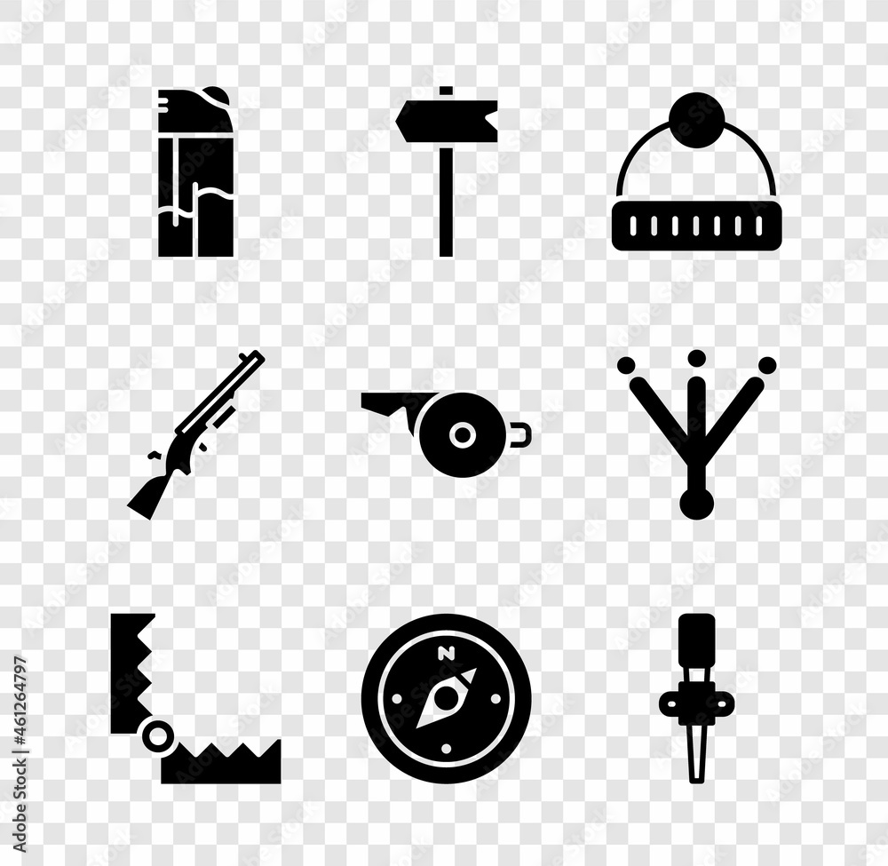 Set Lighter, Road traffic sign, Winter hat, Trap hunting, Compass, Torch flame, Shotgun and Whistle icon. Vector