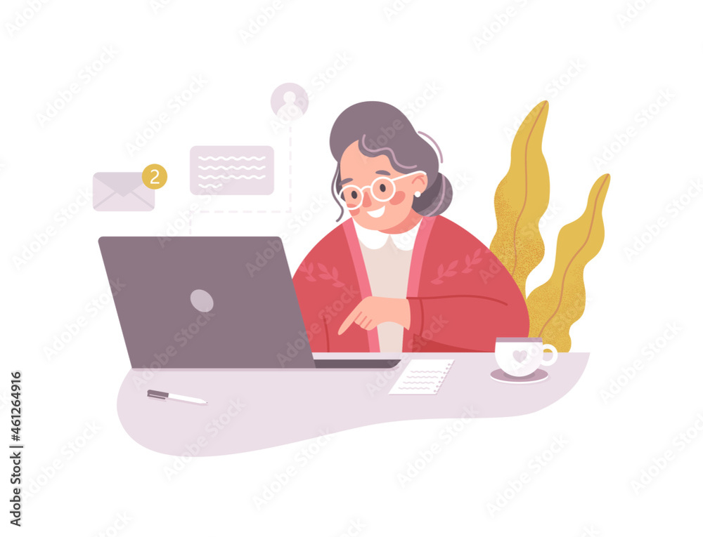 Happy grandma with laptop. Old woman sitting with a computer. Vector illustration isolated on white background. Retired grandmother chatting. Elderly woman stay home and have online communication. Happy grandma with laptop. Old woman sitting with a computer. Vector illustration isolated on white background. Retired grandmother chatting. Elderly woman stay home and have online communication.