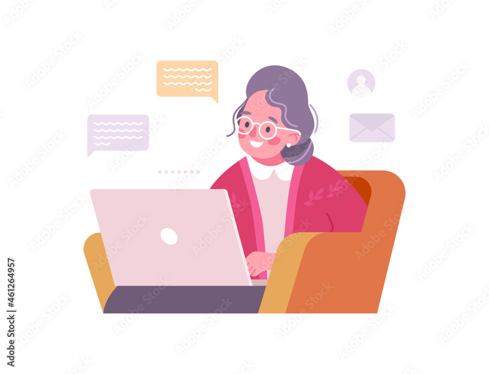 Happy grandmother with a laptop sitting in a chair. Flat vector illustration of an old woman isolated on a white background. A retired grandma uses her computer to chat online from home. 