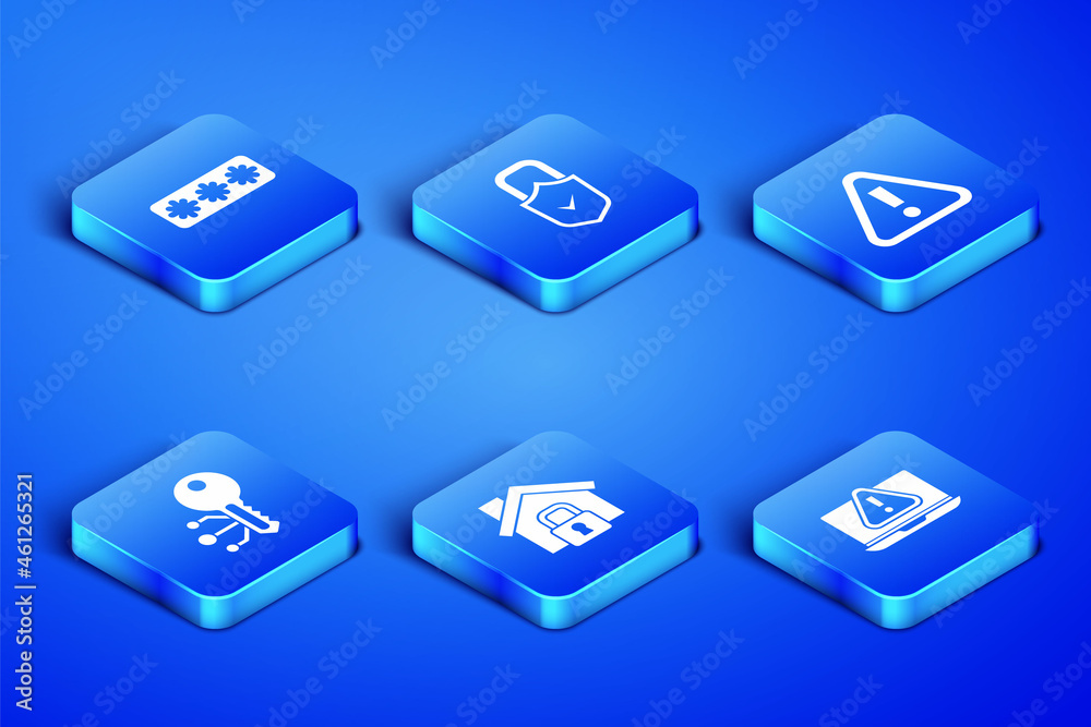 Set Laptop with exclamation mark, Password protection, House under, Cryptocurrency key, Lock and check and Exclamation in triangle icon. Vector Set Laptop with exclamation mark, Password protection, House under, Cryptocurrency key, Lock and check and Exclamation in triangle icon. Vector