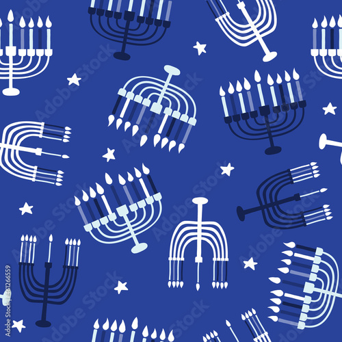 Hanukkah blue seamless pattern. Cute cartoon print. Vector hand drawn illustration.