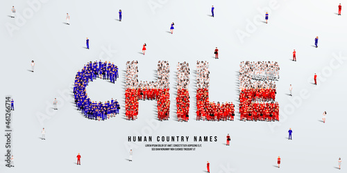 A large group of people stands, making up the word Chile. Chile flag made from people crowd. Vector illustration isolated on white background.