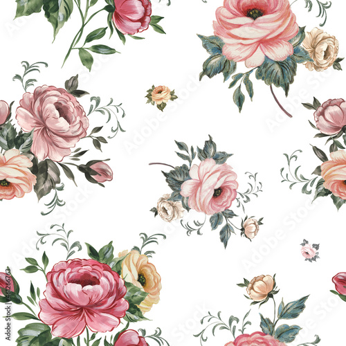 Abstract floral seamless print vintage beautiful drawn bouquets. 