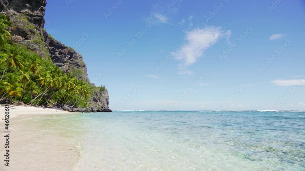 Palm sandy Goa beach with transparent blue sea waves. Rocky coast of the peninsula with green palm trees on white sand. Sunny summer seascape of tropical nature. Palm sandy Goa beach with transparent blue sea waves. Rocky coast of the peninsula with green palm trees on white sand. Sunny summer seascape of tropical nature.