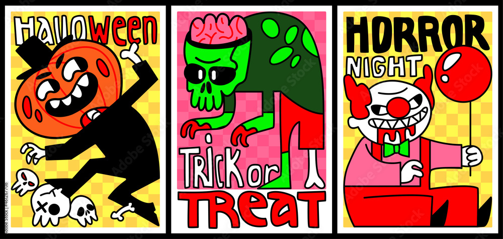 Set of funny and psychedelic Halloween posters with monsters. Pumpkin head, zombie, clown. Trick or treat. Horror night. Flat vector illustration.
