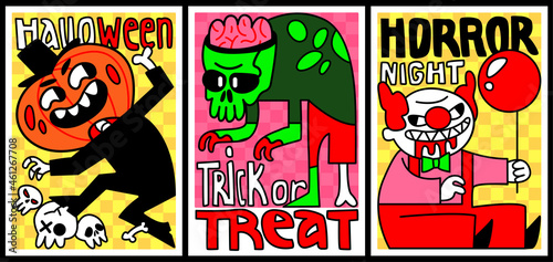 Set of funny and psychedelic Halloween posters with monsters. Pumpkin head, zombie, clown. Trick or treat. Horror night. Flat vector illustration.