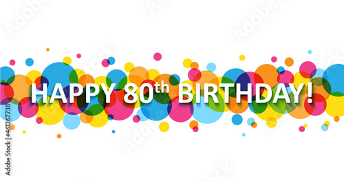 HAPPY 80th BIRTHDAY! typography banner on colorful vector circles on white background