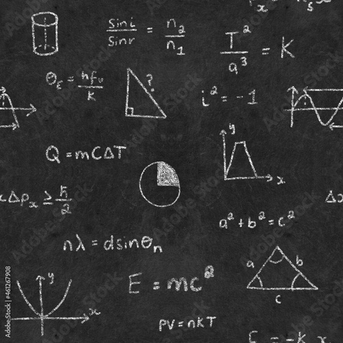 Seamless background/pattern chalkboard with maths/physics equations written with chalk