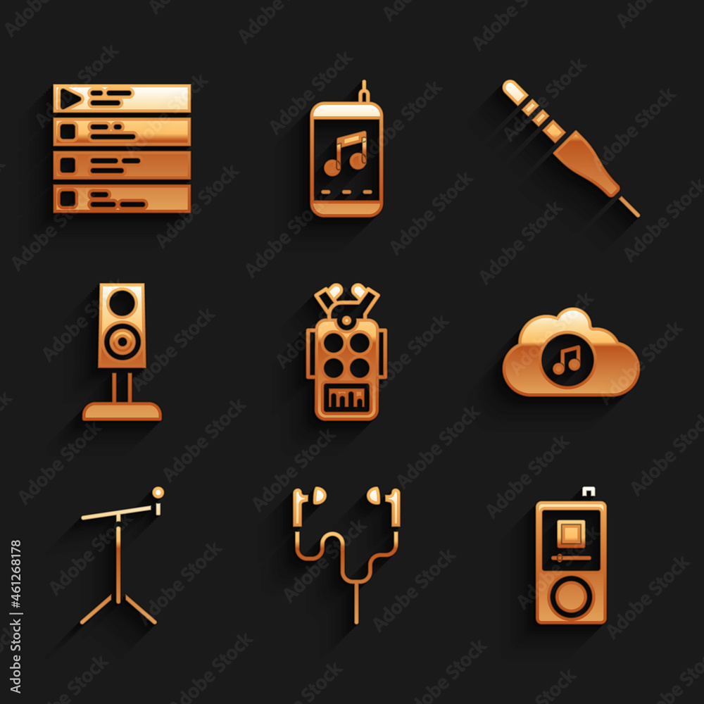 Set Microphone, Air headphones, Music player, streaming service, with stand, Stereo speaker, Audio jack and playlist icon. Vector